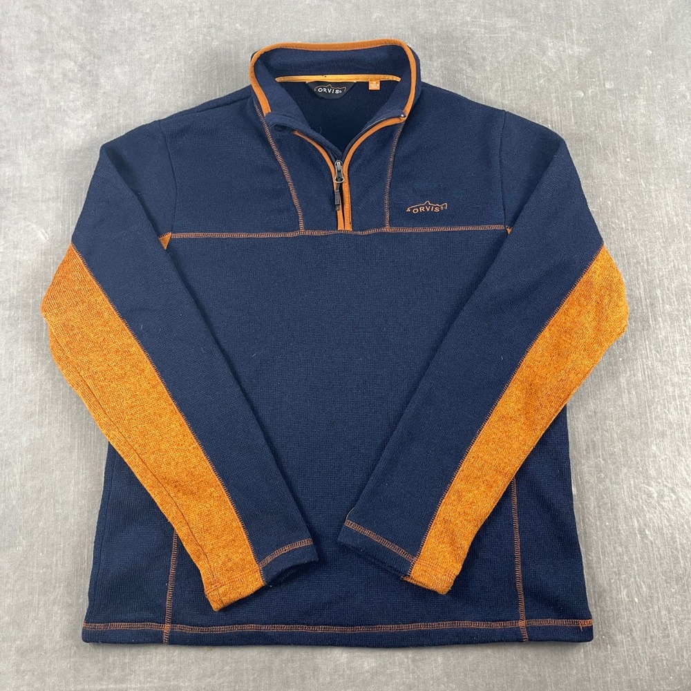 Orvis Men M Blue Sweater 1/4 Zip Fleece Pullover Orange Trim